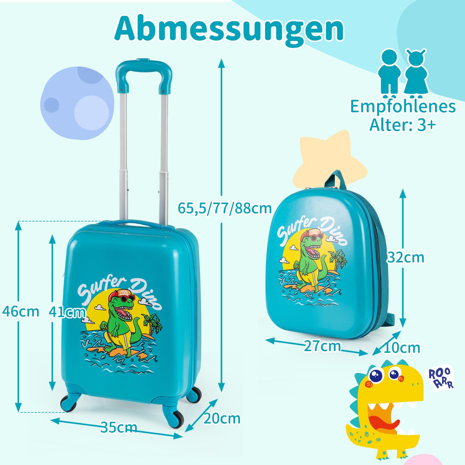 GOPLUS 2 TLG Kinderkoffer mit Rucksack, Kindertrolley mit Rollen, Teleskopgriff, Leichter Kinder Koffer mit Handgepäck, Reisekoffer für Flugzeug, Kindergepäck für Mädchen und Jungen (Türkis)