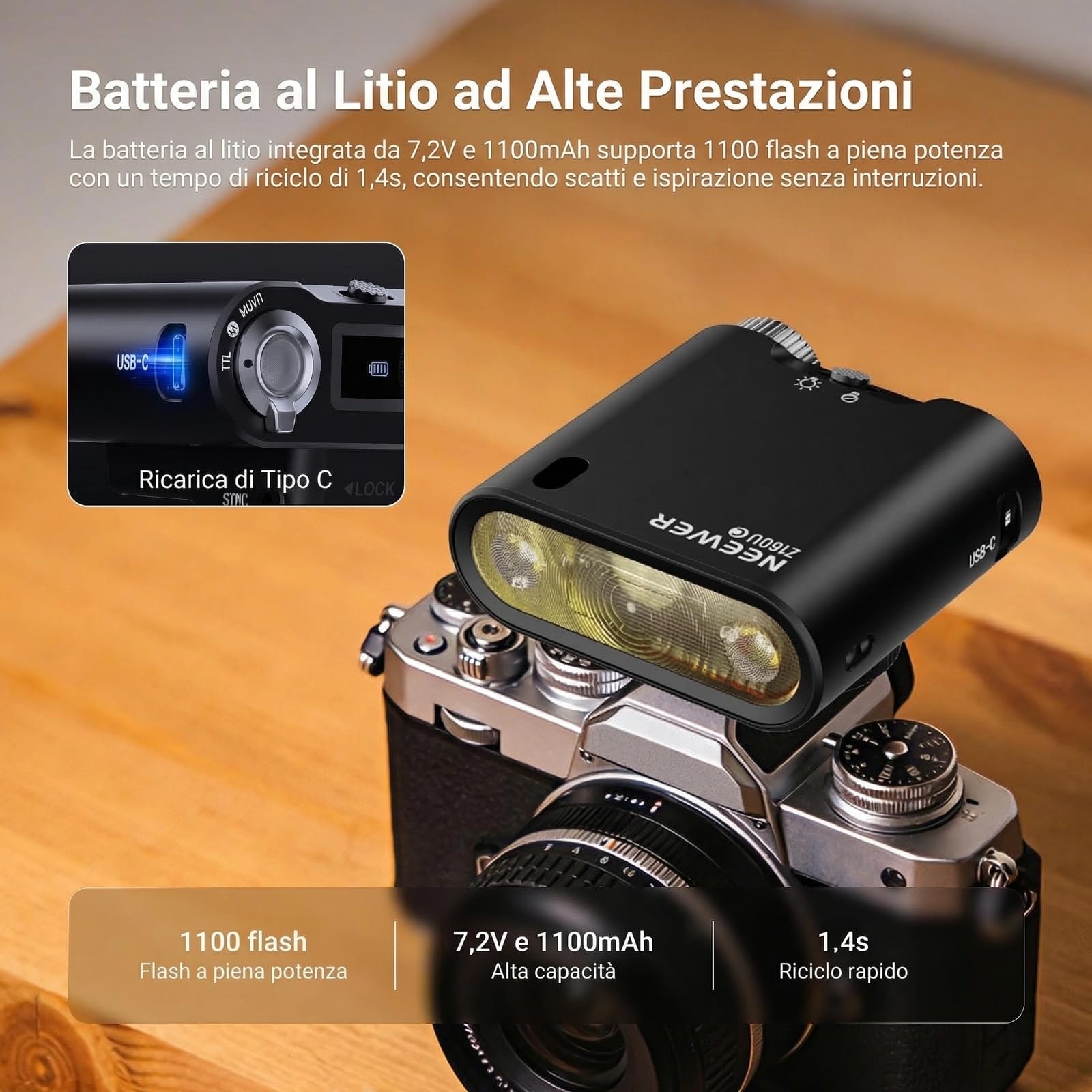 NEEWER Flash Speedlite Z160U-C Per Fotocamera, Compatibile Con Canon E Godox, 18Ws GN14 6000K TTL 1/8000 HSS, Luce Flash Da Collegare Alla Fotocamera Con Batteria USB C, 1100 Flash A Piena Potenza | Compatibile con Godox, 18Ws GN14 6000K TTL 1/8000 HSS, O