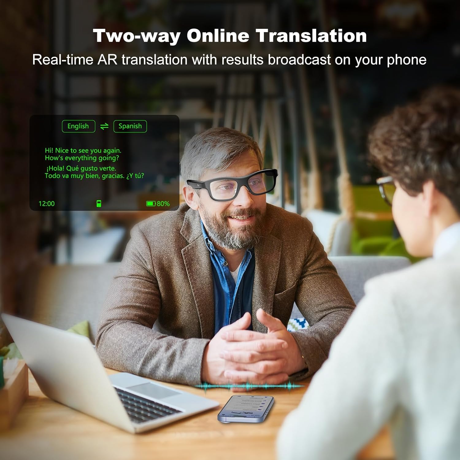 A1 Smart Glasses with Subtitle Display, AI AR Glasses Translation Device 110 Languages, Offline Language Translator Device, Photo & Call Translation for Travel, Business & Meetings