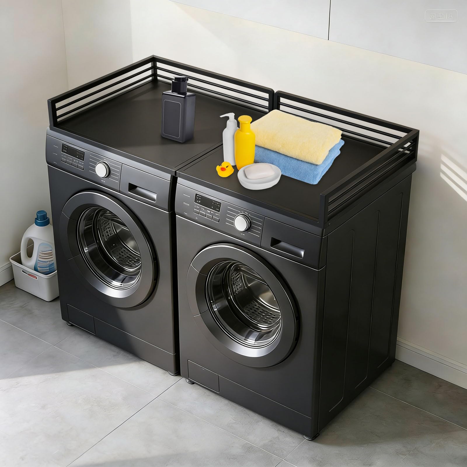 Encimera para lavadora y secadora con 2 placas de conexión, 145 x 70 x 12,7 cm, superficie de trabajo de hierro con almohadillas antideslizantes, almohadilla impermeable para almacenamiento, color