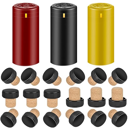 PVC heat shrink capsules 60 count 3 colors & 30 Pcs wine bottle cork stoppers, wine preservation set for cruise, home, cellars, bottle seal shrink wrap sleeves caps tops