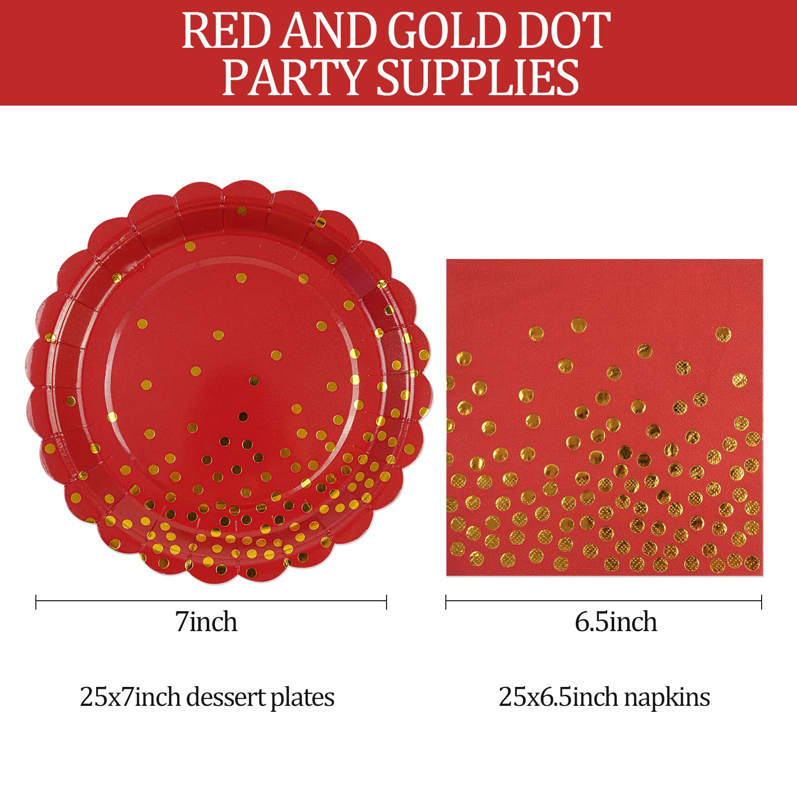 Juego de 50 platos y servilletas de papel rojo – Platos desechables de fiesta de lunares rojos y dorados, vajilla para decoración de cumpleaños, Navidad, compromiso y bodas