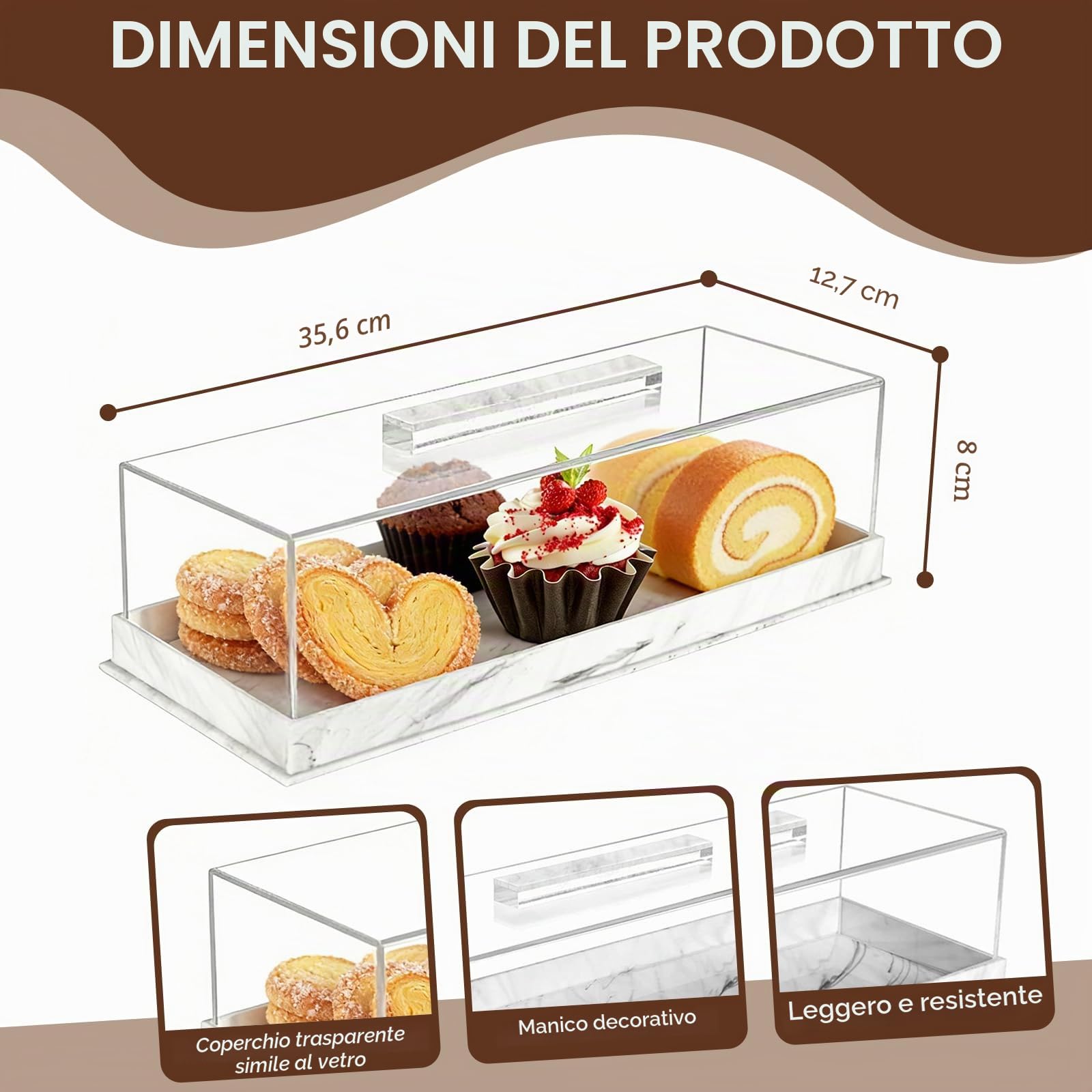 Vassoio rettangolare in acrilico, alzata per torte con coperchio, espositore trasparente per pasticceria, vassoio da portata per dessert, supporto per dessert riutilizzabile, contenitore per torte per