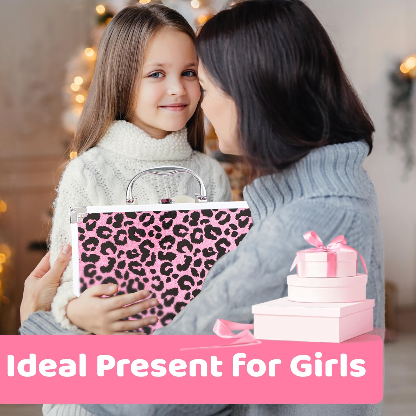 Anpro Estuche de Maquillaje Todo en Uno con Diseño Leopardo, Incluye Set de Maquillaje Profesional para Adolescentes, Pinceles, Paleta de Sombras, Regalo Ideal para Niñas - Rosa Leopardo