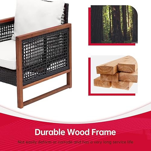 Miniatura 6 de FDW Juego de muebles de patio de 3 piezas de madera de acacia para patio, juego de sillas de conversación al aire libre con cojines resistentes al