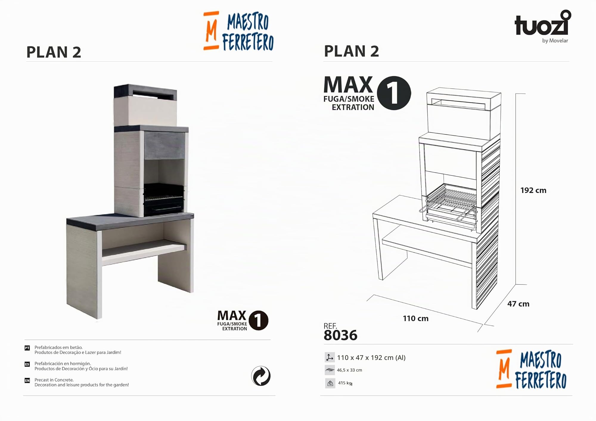 TUOZI - Barbacoa de Obra para Leña y Carbón Modelo PLAN 2 (Gris/Blanco - 110 x 47 x 192 cm) REF: 8036 - Uso en Exteriores