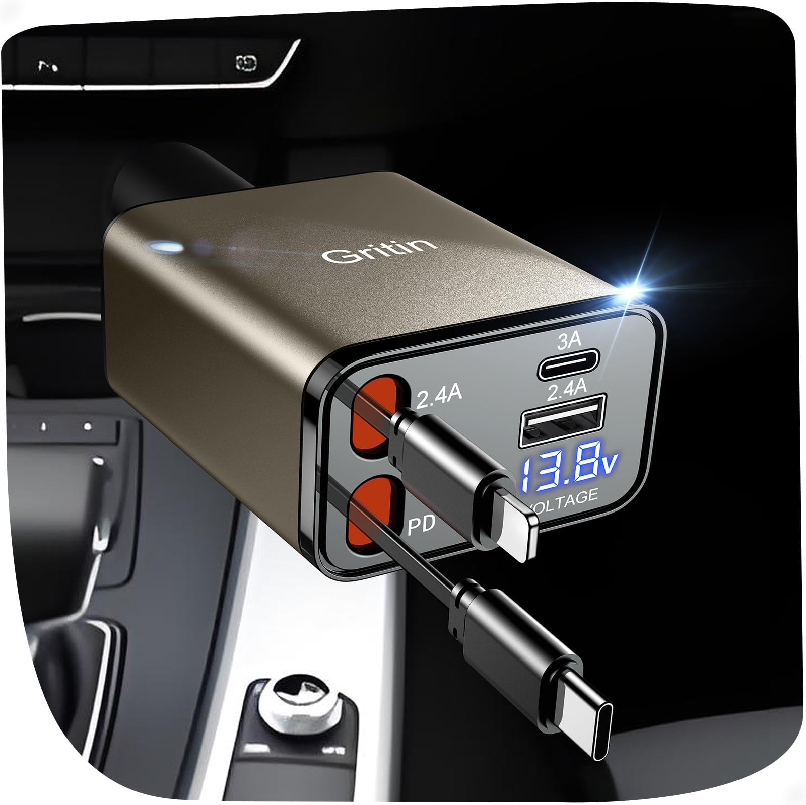 Gritin Retractable Car Charger, 69W Super Fast 4 in 1 USB C Car Charger Adapter with Smart Device-Adaptive Charging Technology& Current Display, Car Accessories for Phone, Android- Gold Titanium