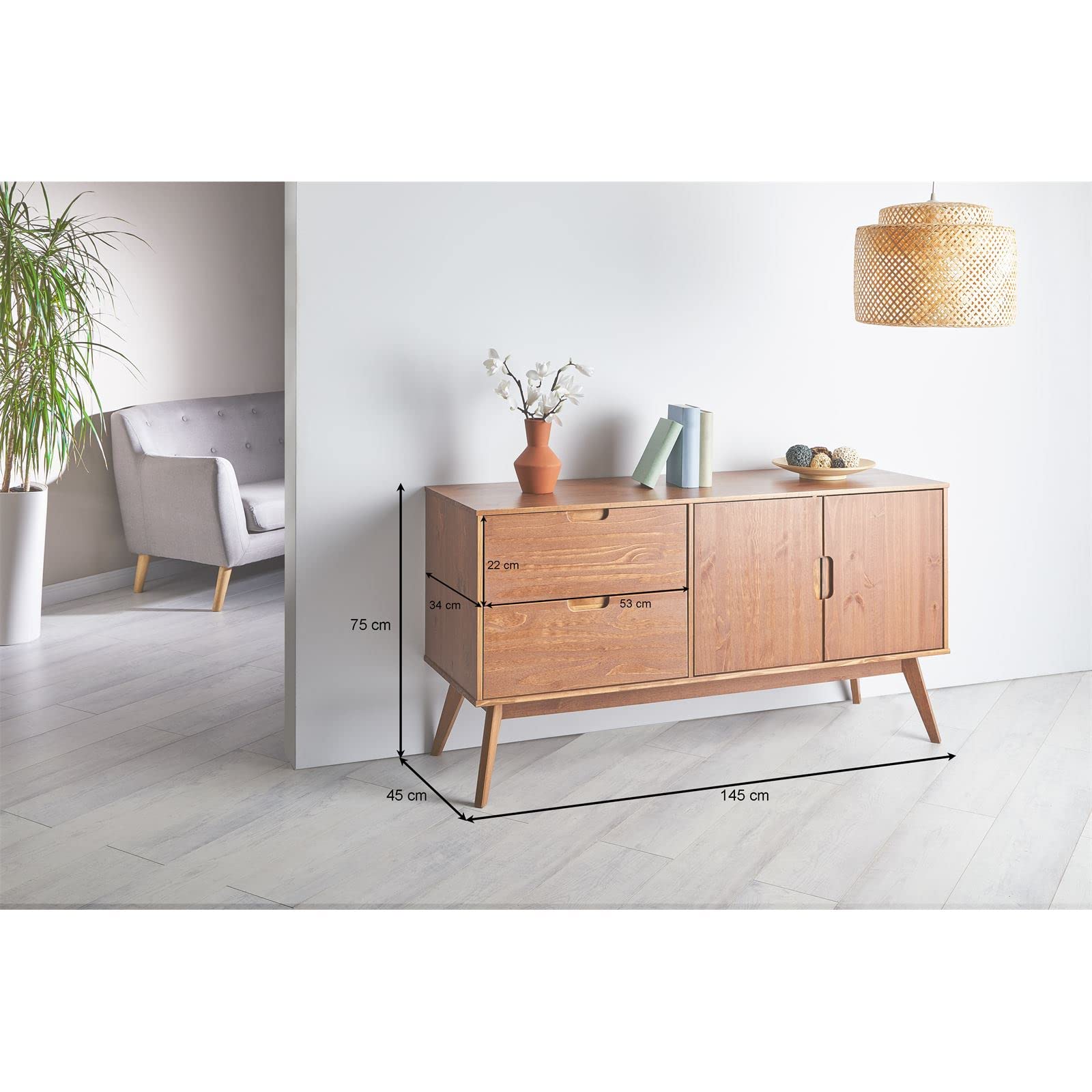 IDIMEX Buffet Salle à Manger Tivoli L 145 cm en Bois Massif Finition Bois Brun foncé avec 2 tiroirs et 2 Portes battantes, Un Meuble de Rangement Style scandinave, Finition élégante