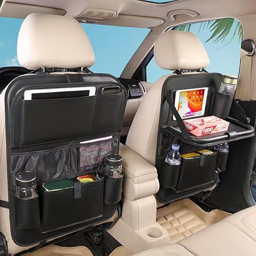 2PACK Leather Car Backseat Organizer with Tablet Holder - 9 Large Storage Pockets, Foldable Food Tray & Anti-Scratch Kick Mats - Universal Car Seat