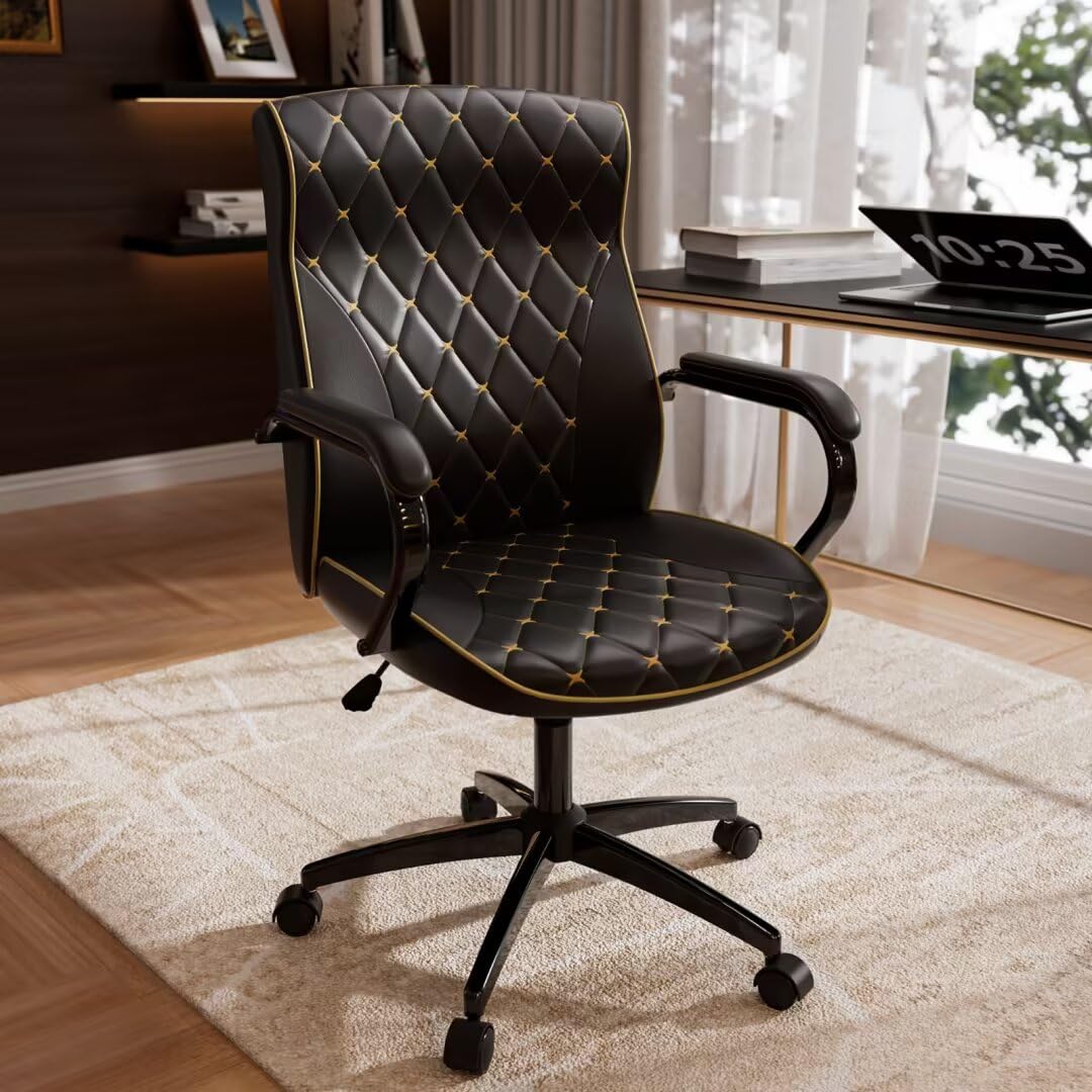 HomeZeer Black Office Chair with Soft Leather Embroidery, Mid Back Vintage Swivel Executive Desk Chair with Wheels and Padded Arms, Adjustable Height