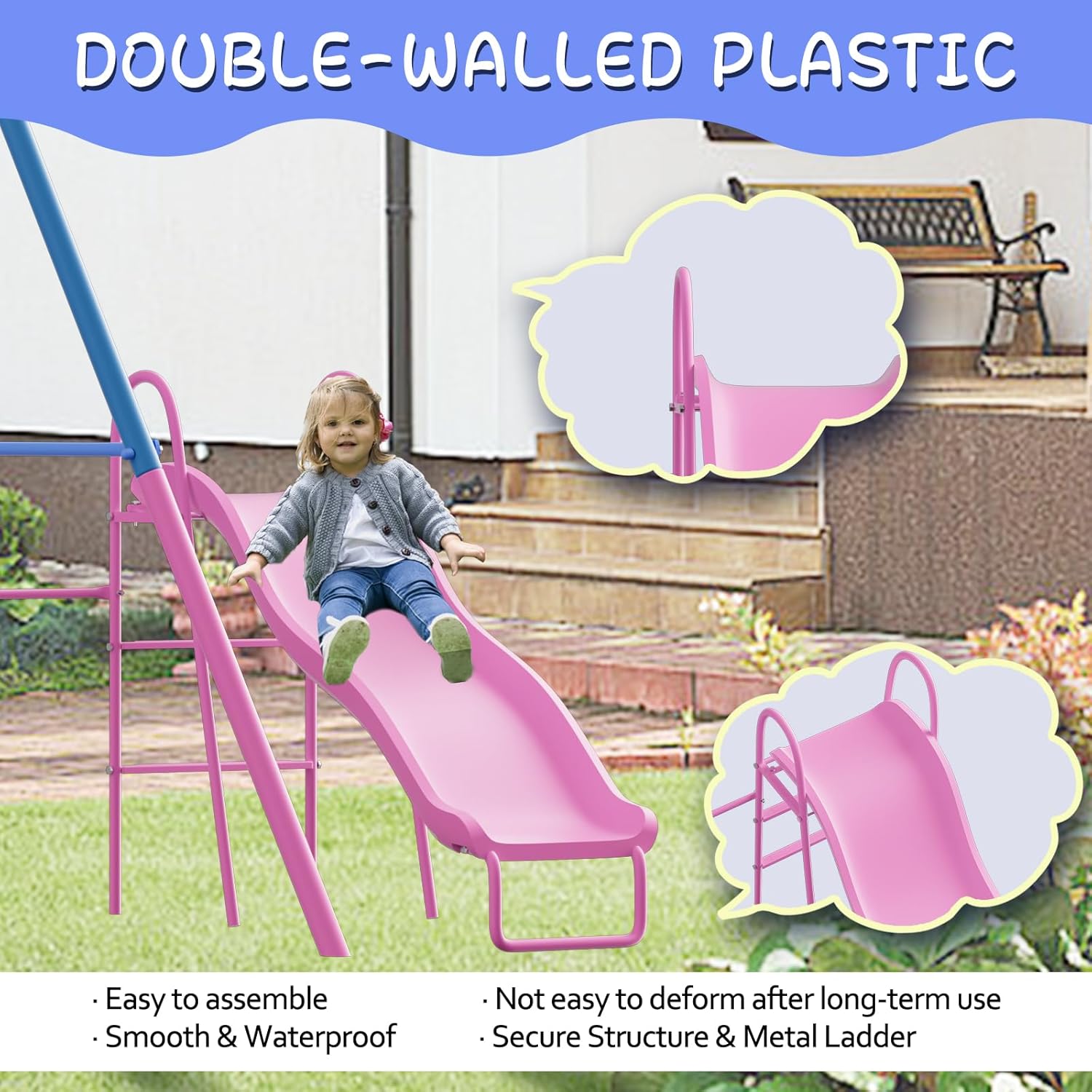 5 in 1 Swing Sets for Backyard,440 lbs Heavy-Duty Mental Swing Set with Slide,Saucer Hammock,Hanging Seat,Soccer Goals & Basketball Hoop,Pink & Blue