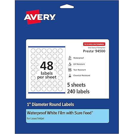 Avery Waterproof Round Labels with Sure Feed, Print to the Edge, 1