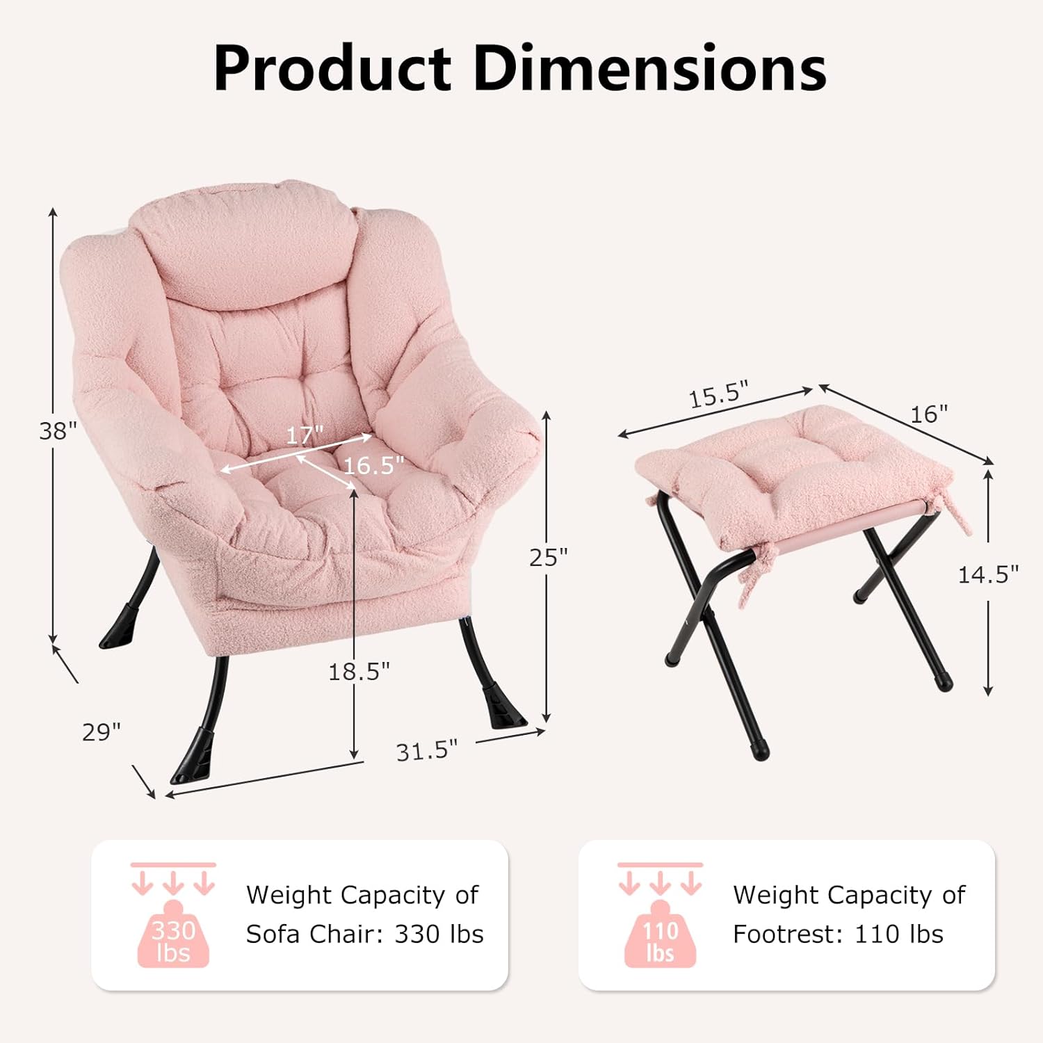 Giantex Lazy Chair with Folding Ottoman, Modern Sherpa Accent Chair w/Steel Frame, Armrests & Pocket, Upholstered Single Sofa Chair Set, Leisure Reading Lounge Chair for Living Room Bedroom (Pink)