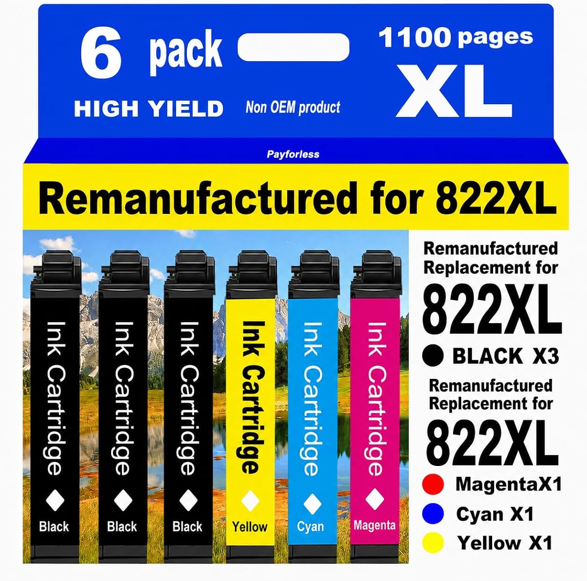 Remanufactured Replacement for Epson 822XL Ink Cartridges | for 822 XL for Workforce Pro WF-3820 WF-3823 WF-4820 WF-4830 WF-4833 WF-4834 Printer 6 Pack 3 Black 1 Cyan 1 Magenta 1 Yellow