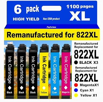 Remanufactured Replacement for Epson 822XL Ink Cartridges | for 822 XL for Workforce Pro WF-3820 WF-3823 WF-4820 WF-4830 WF-4833 WF-4834 Printer 6 Pack 3 Black 1 Cyan 1 Magenta 1 Yellow