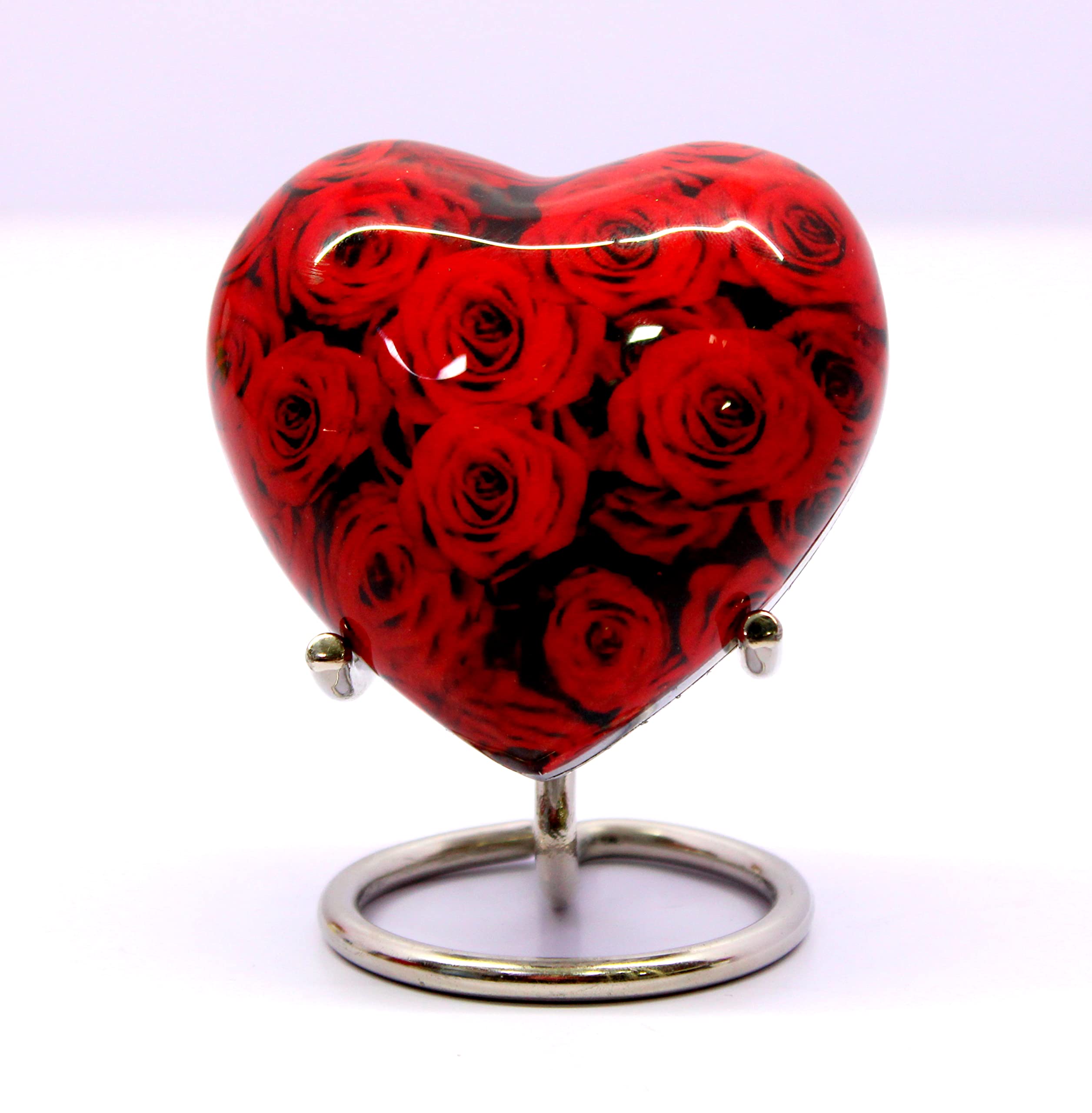 eSplanade Mini-Urne aus Messing, herzförmig, Andenken, Gedenkglas, Behälter, kleine Urne mit Ständer für Beerdigung, Asche, Beerdigung, rote Rosen, bedruckt, Rot, 7 cm