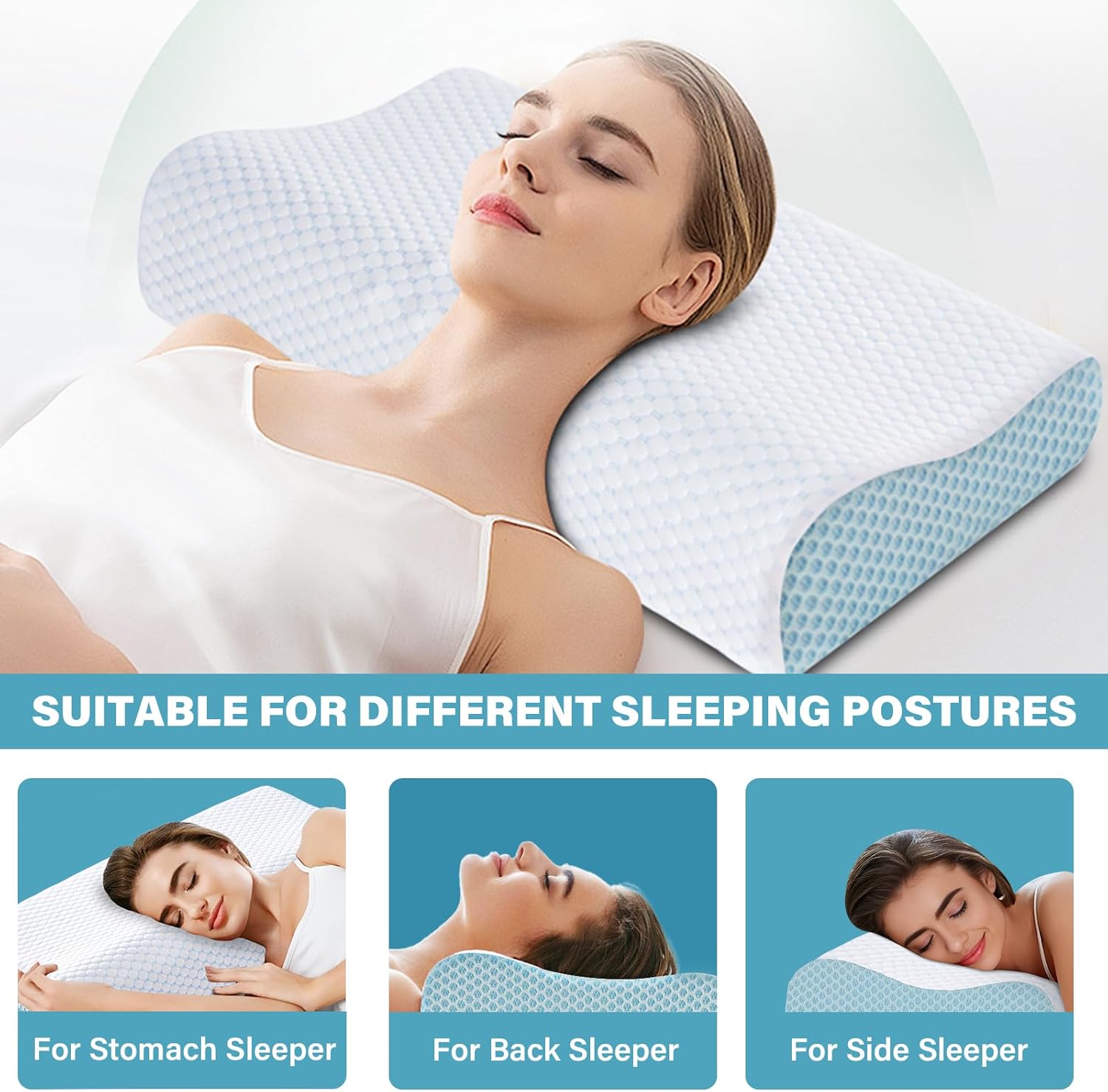 Memory Foam Pillows 2 Pack Neck Pillow - Neck Support Pillow for Pain Relief, Ergonomic Cervical Pillow for Sleeping, Orthopedic Contour Bed Pillow for Side, Back, Stomach Sleepers,Blue - Image 4