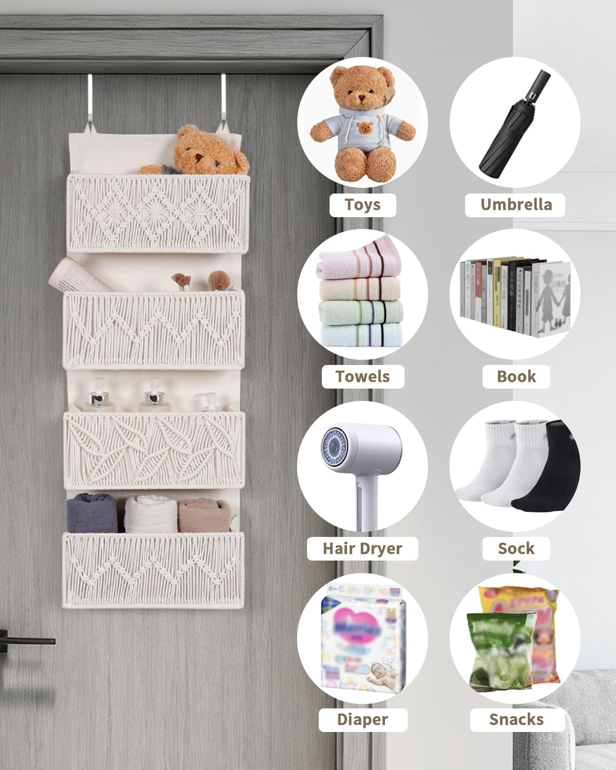 ANTIS'S HOME Organizador colgante para colgar sobre la puerta, tejido a mano de lino de algodón beige con 4 bolsillos, almacenamiento vertical para dormitorio, baño, guardería, cocina, organizador