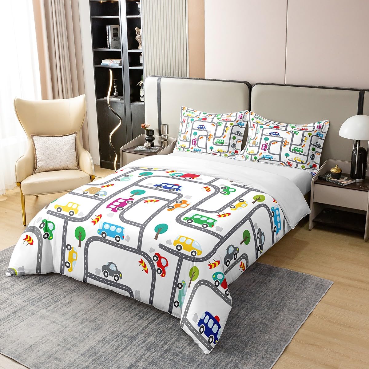 Homemissing Dessin animé Voiture Parure de lit Coton Ensemble de Housse de Couette Centre - Ville pour Enfants 100% Coton Housse de Couette 220x240cm scène Cowboy Literie Moderne Blanc literie