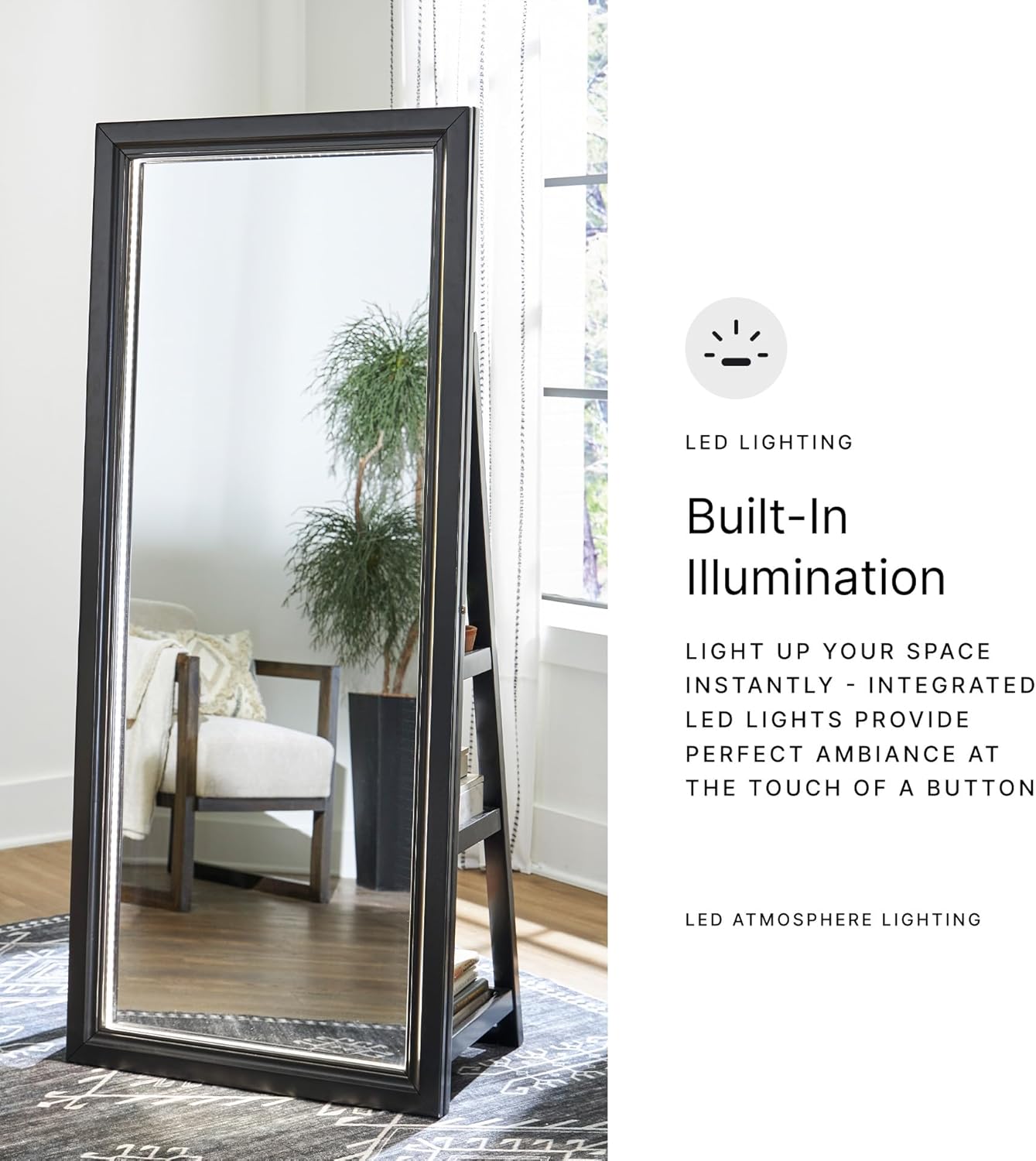 Signature Design by Ashley Evesen Modern Full Length Thick Framed Floor Standing Mirror with LED Lights and 3 Shelves, Black