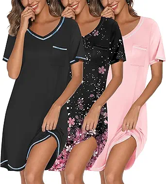 Ekouaer 3 Pack Women's Nightgowns Short Sleeve Sleep Shirts V-Neck Sleepwear