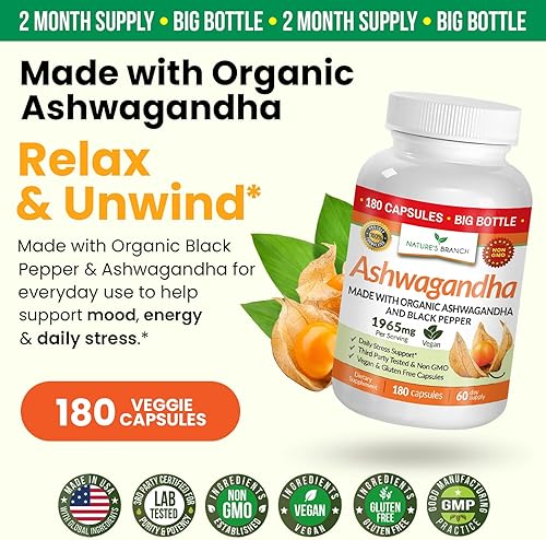 Miniatura 6 de Ashwagandha orgánica verificada por UDAF con pimienta negra – 180 cápsulas – 1965 mg extra fuerte para estrés, sueño, estado de ánimo, tiroides,