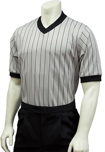 Smitty BKS-205 - Camisa de árbitro gris con rayas negras y malla con cuello en V para baloncesto oficial NFHS