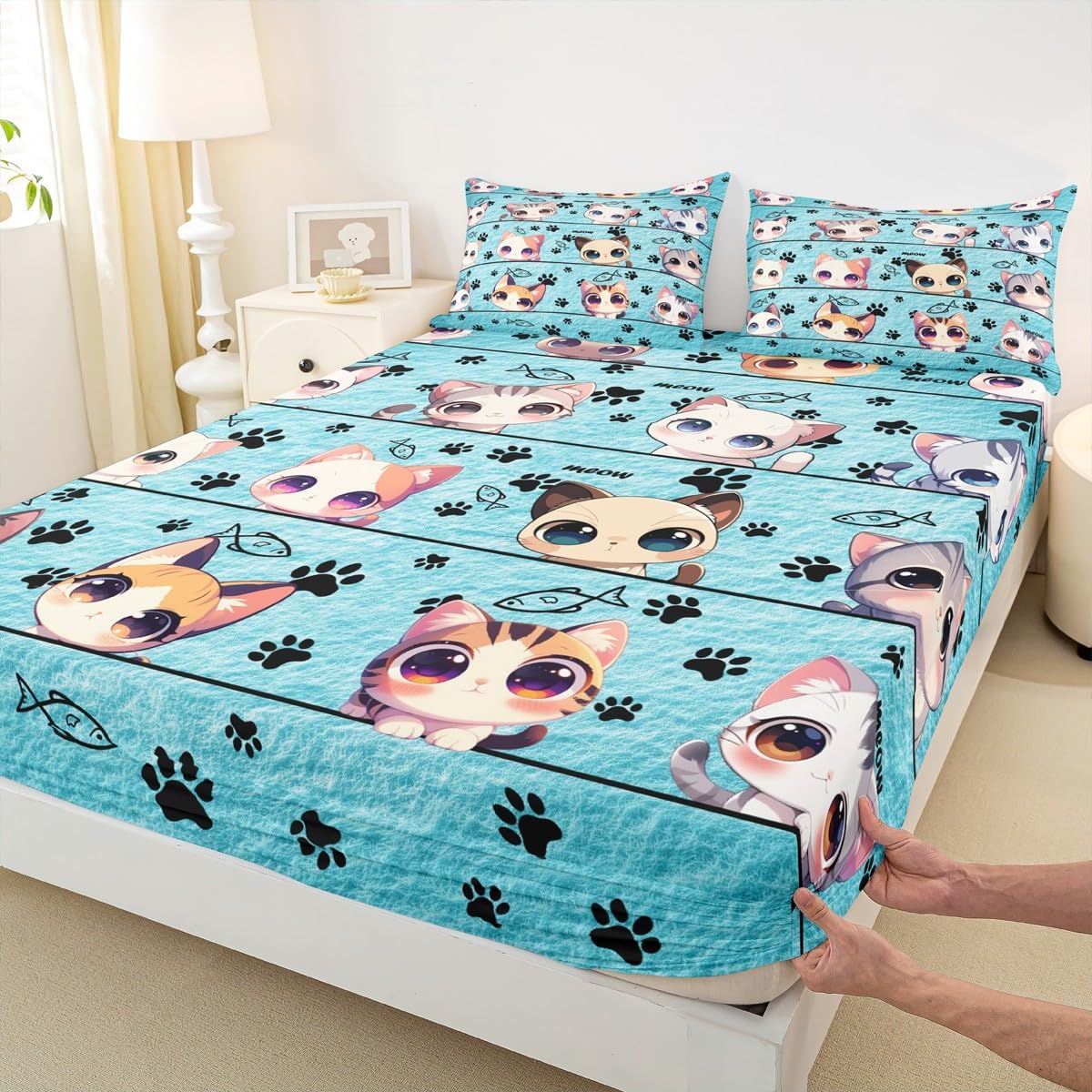 Cute Kitten Kitty Cat Full Size Fitted Sheet No Top Sheet,Kawaii Animals Cartoon Blue Style 3 Pieces Kids Teenager Room Decor Cartoon Cat Pocket 2 Pillowcases