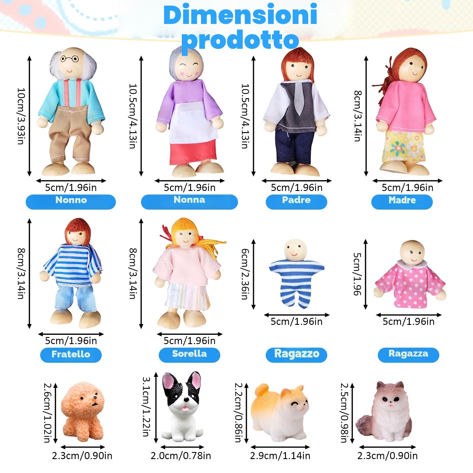 Ruikdly Casa Delle Bambole in Legno - Set Famiglia 12 Pezzi Con Gatto e Cane, Figure Pieghevoli - Accessori Regalo