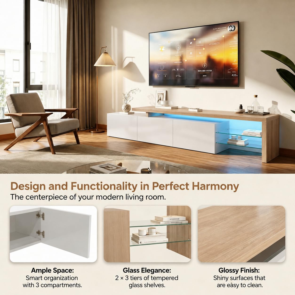 Mueble TV LED 200 Cm, Muebles TV con Estante De Cristal, Mueble TV para Salón, Banco TV Moderno De Madera con 3 Armarios, Armario Bajo para Salón, Blanco