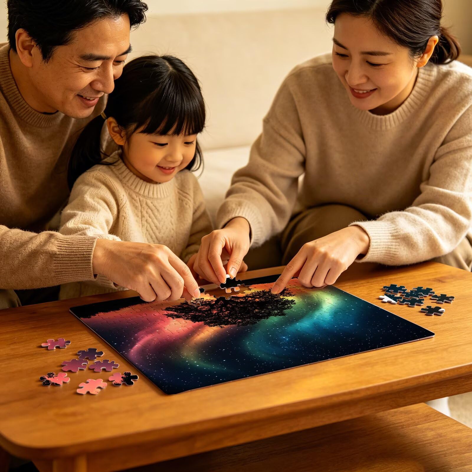Puzzle 1000 elementów, puzzle 1000 elementów dla dorosłych, trudne puzzle, aktywność antystresowa i relaks, druk w wysokiej rozdzielczości, puzzle drzewo zorza drzewna z wykwintnym pudełkiem do