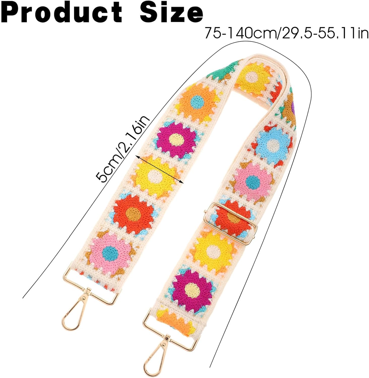 1PCS 2" Wide White Crochet Flower Purse Strap – Gold Hardware Durable, Vintage Guitar Crossbody Strap, Adjustable Replacement Shoulder Strap for Women's Handbags, Luggage Bags & Purses - Image 2