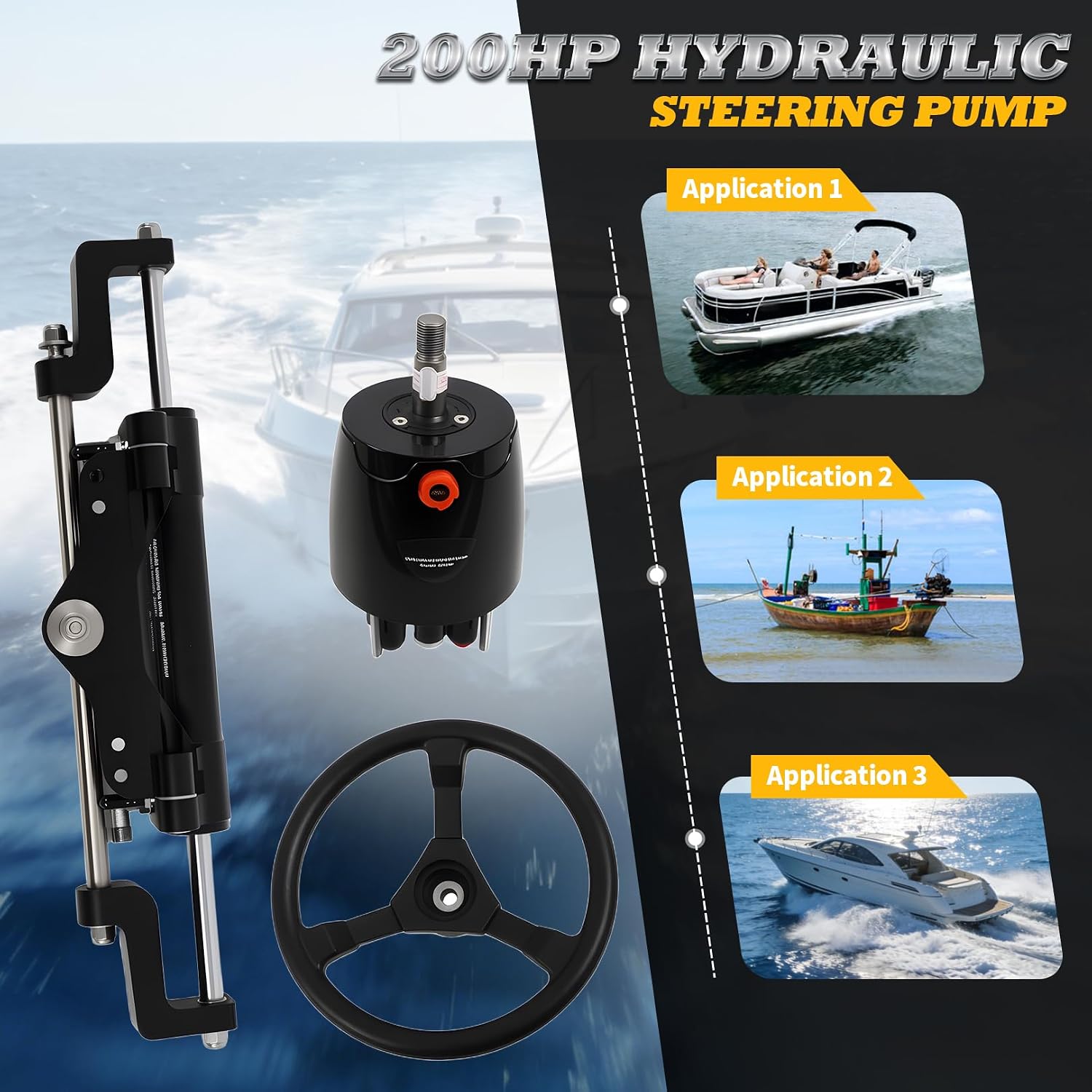 150HP/ 200HP Hydraulic Outboard Steering Kit with Hydraulic Cylinder Helm Pump Hoses Steering Wheel Compatible with Outboard Engines up to 150HP/ 200HP