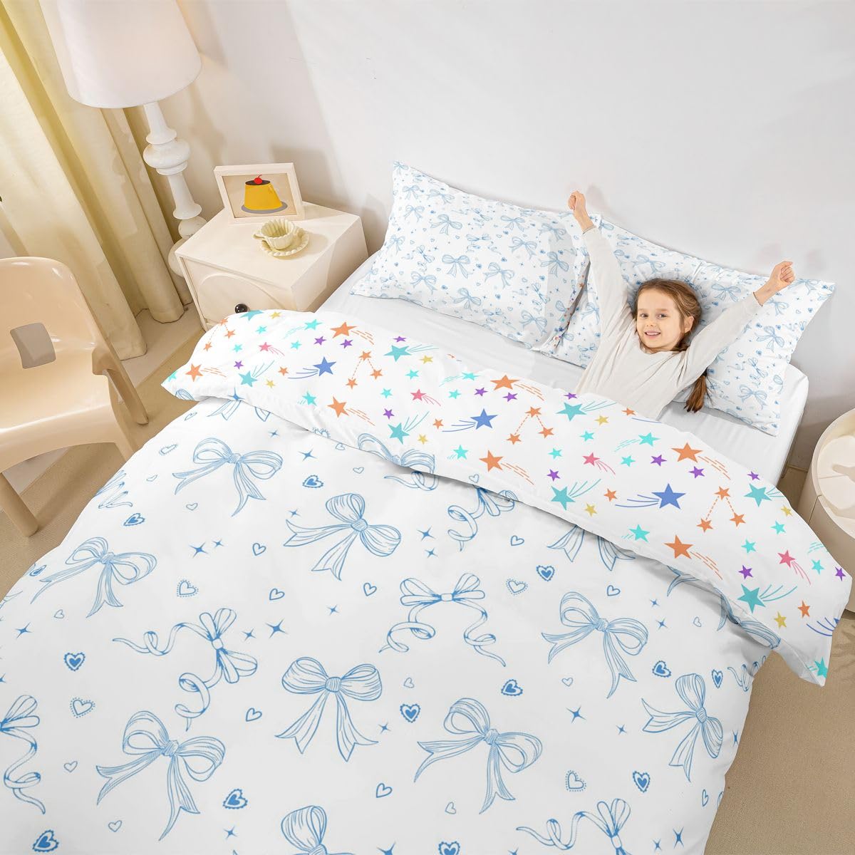 Homewish Set copripiumino per letto super king size con fiocco blu, per bambini, ragazze, adolescenti, donne, graziosi, cuori, stelle, decorazione