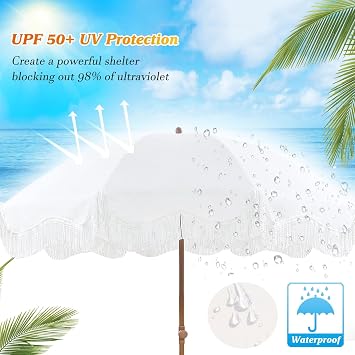 2m Garden Parasol With Tilt Boho Beach Umbrella With Fringe Outdoor Patio Umbrella UV50+ Protection Balcony Umbrella Waterproof Holiday Beach Parasol With Carry Bag Portable Parasol For Deck Pool