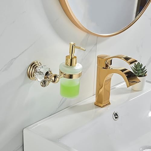 Miniatura 4 de WOLIBEER Dispensador de jabón de cristal montado en la pared, soporte de jabón líquido dorado pulido para baño, botella de vidrio de 8.5 onzas con