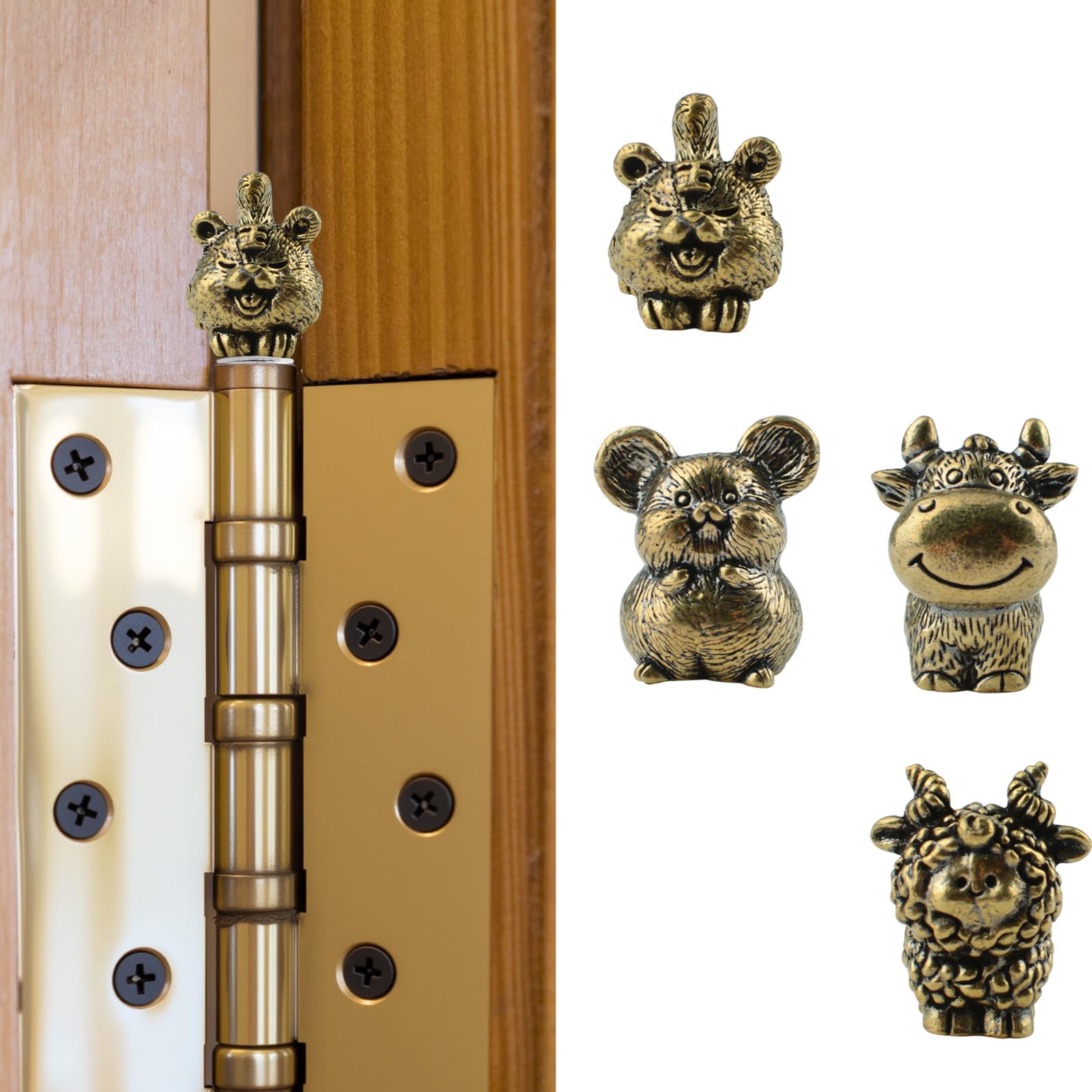 UFURMATE Animal Hinge Head Decoration Set, 4Pcs Magnetic Vintage Hinge Heads Topper Creative Brass Magnets Ornaments (Rat,Ox,Tiger,Sheep)