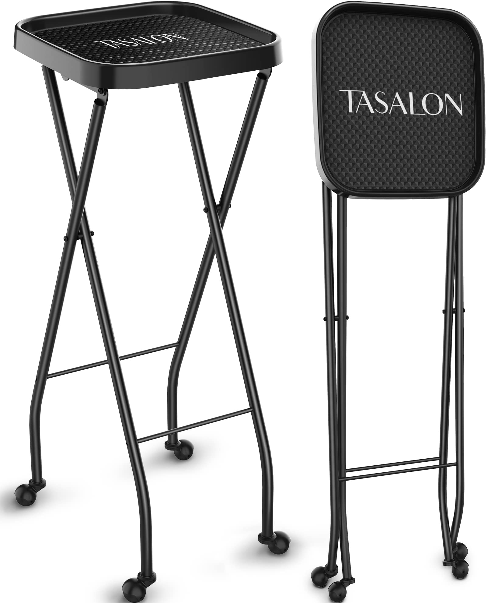 TASALON Premium Salon Folding Tray on Wheels, Rolling Service Tray for Beauty Salon, Fold Up for Easy Storage - Black