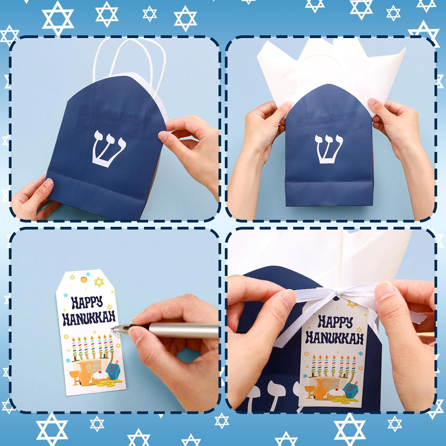 Kolldenn 24 Sets Hanukkah Gift Bag with Tissue Paper Happy Hanukkah Paper Bags with Handle Cards Stars Menorah Candles Gift Wrapping Party Supplies