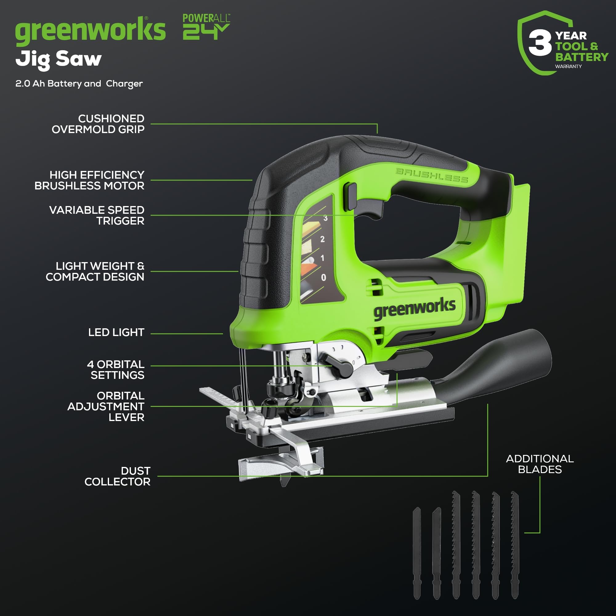 Greenworks Sierra caladora de 24 V, sierra de calar sin escobillas de 1 pulgada, 3000 SPM, ángulo de corte de 45°, movimiento orbital de 4 ajustes, cargador de 24 V y batería USB de 4 Ah