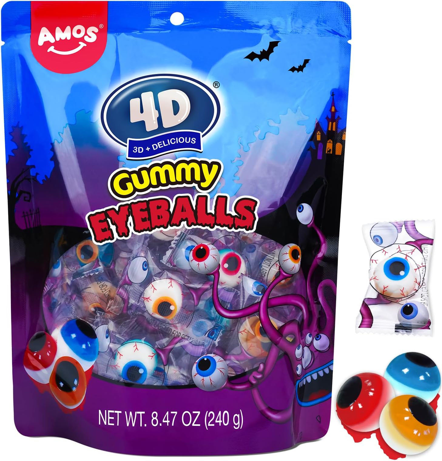 Amos 4D Gummy Eyeball Candy, Individually Wrapped 3D Eyeballs Shaped, Perfect Treat for Kids Halloween Parties Gift(40 Count)