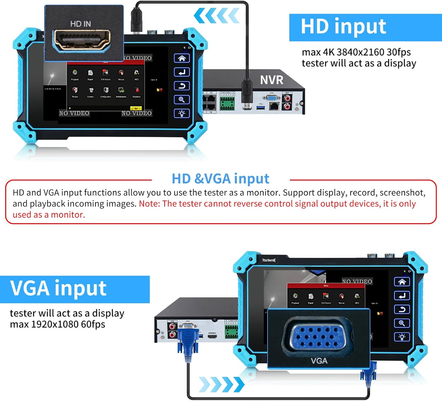 Rsrteng 8K IP Camera Tester, IPC-5200 Plus 8MP AHD CVI TVI SDI CVBS IP Camera Test 4K HD Display Video Monitor 5inch IPS Touch Screen IPC Tester Support POE PTZ RS485 HD & VGA Input DC12V Output