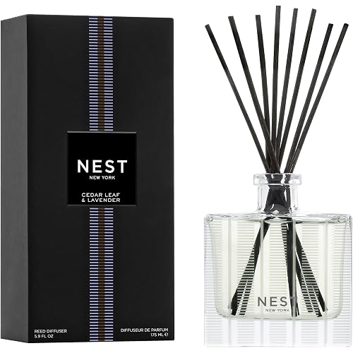 NEST New York Reed Diffuser, Cedar Leaf & Lavender - 5.9 fl oz - Fragrance for Up to 90 Days - Reusable, Refillable Glass Holder - Includes 8 All-Natural Reed Sticks - Flame Free