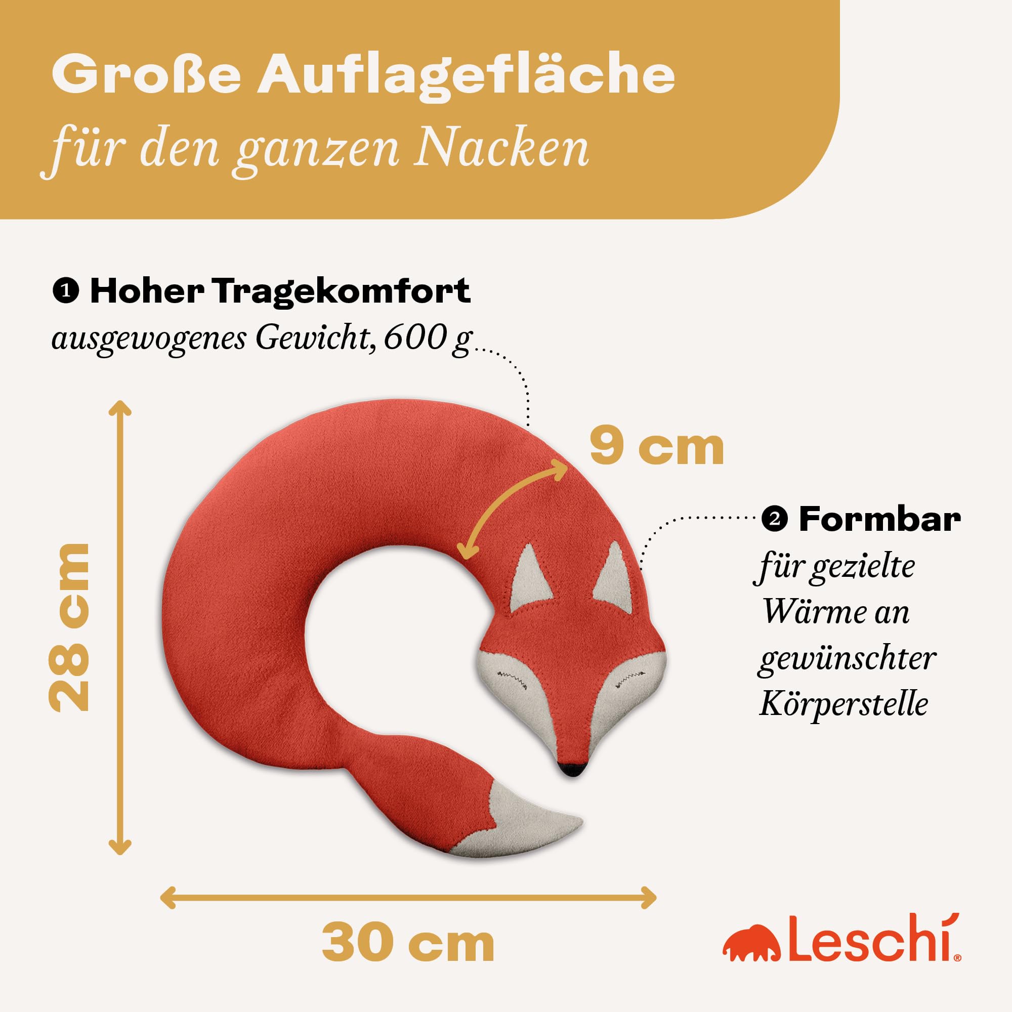 LESCHI Körnerkissen für Mikrowelle - anschmiegsames Wärmekissen aus 100% natürlicher Bio Baumwolle & Bio Weizen - ideal gegen Verspannungen an Nacken, Schultern und Hals - Fuchs, Rot