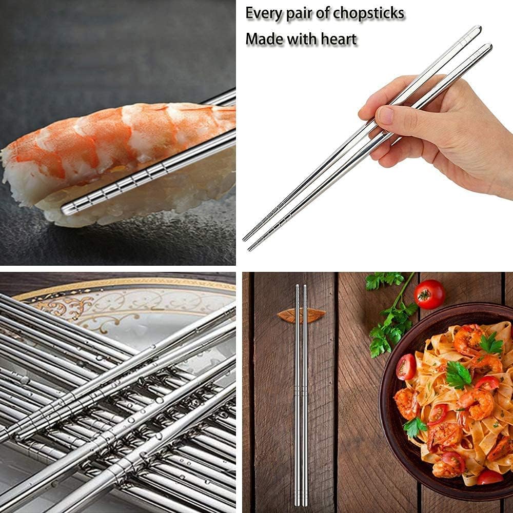 NKULTURE 5 Pairs Reusable Metal Stainless Steel Plain Chopsticks Dishwasher Safe Lightweight Easy to Use Metal Chop Stick Utensils