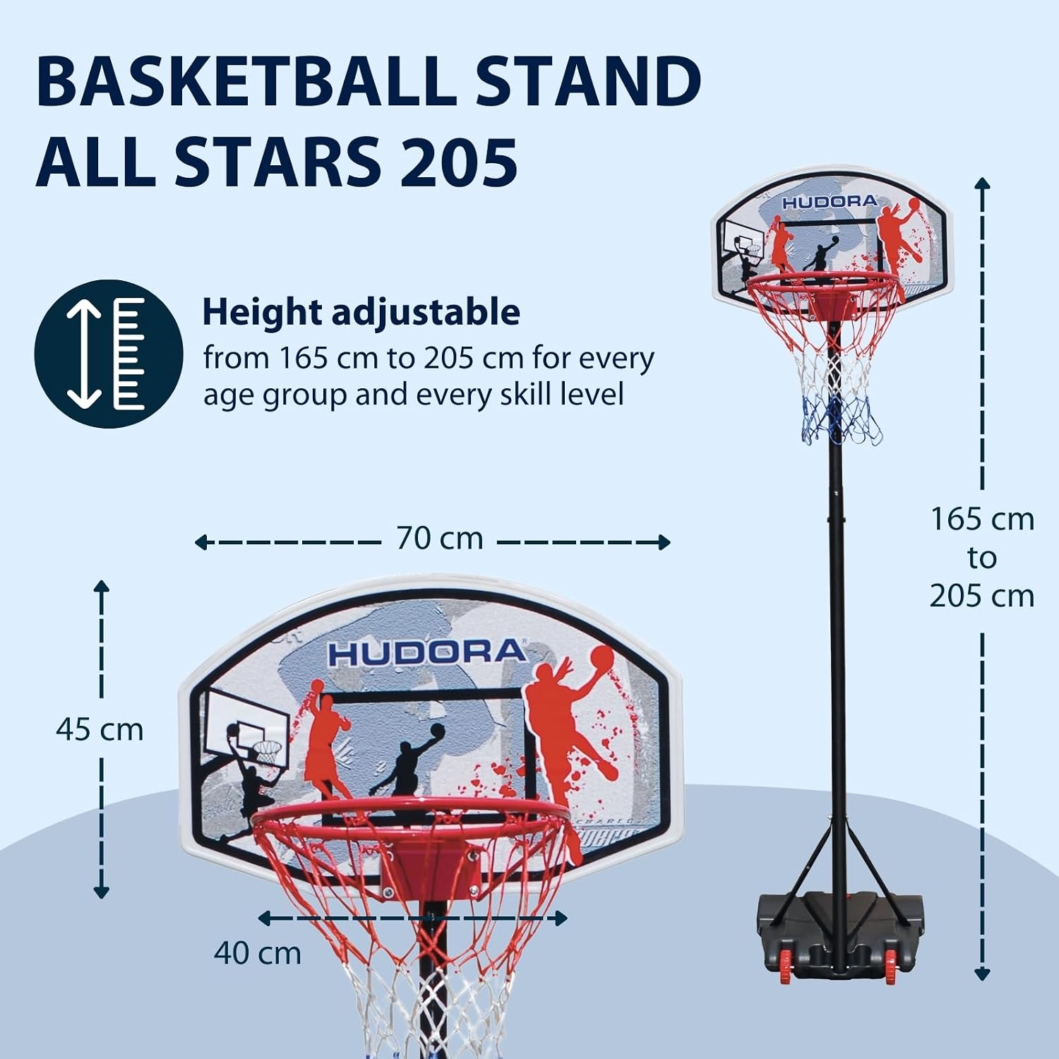 Hudora Youth All Stars Баскетбольная доска, разноцветная, 165–205 см