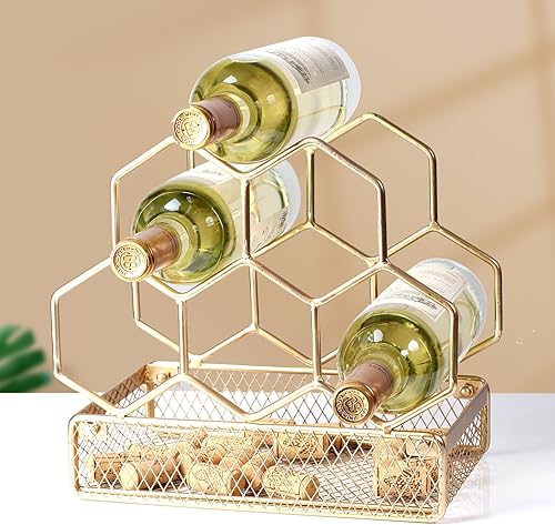 Miniatura 8 de Estante de vino para encimera, 5 botellas, de metal de color oro rosa, soporte para vino de mesa para gabinete, despensa, almacenamiento de botellas