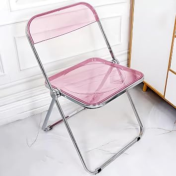 Transparent Acrylic Folding Chairs, Lightweight Iron Chrome Base, Comfortable Seat & Backrest, Multiuse Clear Desk Chair, for Outside InsidePink