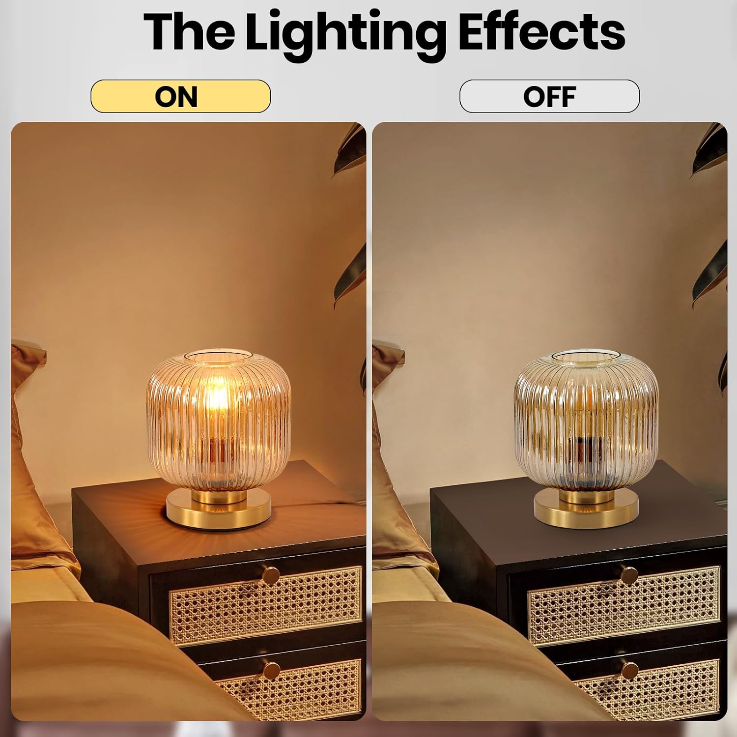 Mid Century Modern Lamp with Amber Ribbed Glass Shade,Modern Globe Desk lamp Fully Dimmable Nightstand Bedside Lamp for Bedroom Living Room Office end Table Side, Dia7.8 x H9.8