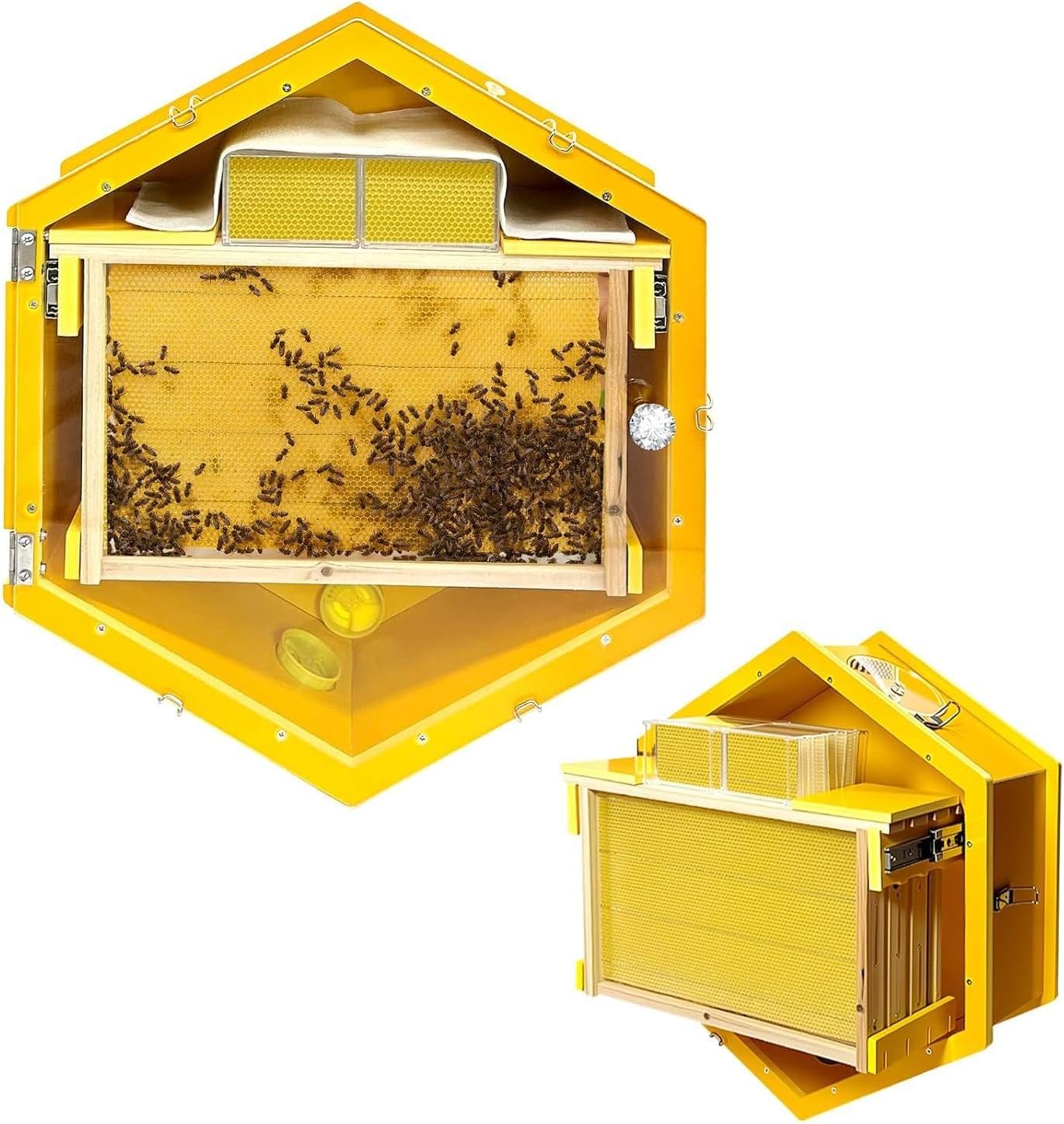 Bee Hive Box with Observation Window, Complete Beehive Starter Kit, Hanging Indoor Beehive, Includes 3 Beehives & 6 Honeycomb Boxes for Easy Honey Collection